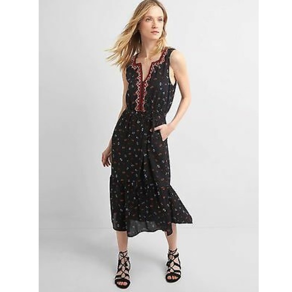 GAP Dresses & Skirts - GAP | Black Embroidered Floral Midi Petite Dress S